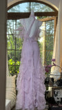 Evafashion Light Taro Purple V-neck Sheath Tulle Lace Long Prom Dresses Formal Evening Gowns with Open Back HZ1024