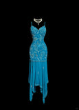 Evafashion Blue Spaghetti Straps Sheath Chiffon Beading Long Prom Dresses Formal Evening Gowns HZ1024