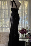 Evafashion Black One Shoulder Mermaid Chiffon Long Prom Dresses Formal Evening Gowns with Beading HZ1024