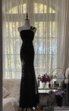 Evafashion Black One Shoulder Mermaid Chiffon Long Prom Dresses Formal Evening Gowns with Beading HZ1024