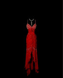 Evafashion Red Spaghetti Straps Mermaid Chiffon Long Prom Dresses Vintage Evening Gowns with Beading HZ1024