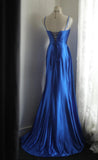 Evafashion Blue Spaghetti Straps Mermaid Satin Long Prom Dresses Formal Evening Gowns HZ1024
