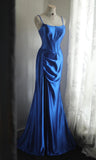 Evafashion Blue Spaghetti Straps Mermaid Satin Long Prom Dresses Formal Evening Gowns HZ1024