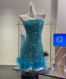 Evafashion Blue Strapless A-Line Sequin Short Party Dresses Homecoming Dresses HZ1024