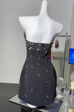 Evafashion Black Strapless Sheath Satin Beaded Short Party Dresses Homecoming Dresses HZ1024