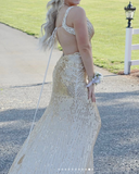 Evafashion Blue V-neck Sheath Sequins Long Prom Dresses Formal Backless Evening Gowns with Slits HZ1024