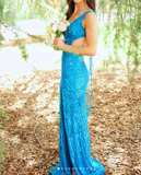 Evafashion Blue V-neck Sheath Sequins Long Prom Dresses Formal Backless Evening Gowns with Slits HZ1024