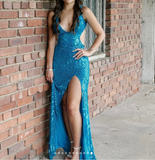 Evafashion Blue V-neck Sheath Sequins Long Prom Dresses Formal Backless Evening Gowns with Slits HZ1024