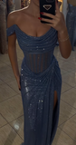 Evafashion Grey Blue Off Shoulder Sheath Glitter Satin Long Prom Dresses Formal Evening Gowns with Slits HZ1024