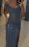 Evafashion Grey Blue Off Shoulder Sheath Glitter Satin Long Prom Dresses Formal Evening Gowns with Slits HZ1024