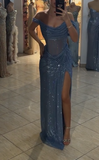 Evafashion Grey Blue Off Shoulder Sheath Glitter Satin Long Prom Dresses Formal Evening Gowns with Slits HZ1024