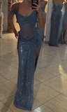 Evafashion Grey Blue Off Shoulder Sheath Glitter Satin Long Prom Dresses Formal Evening Gowns with Slits HZ1024