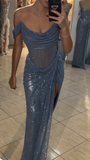 Evafashion Grey Blue Off Shoulder Sheath Glitter Satin Long Prom Dresses Formal Evening Gowns with Slits HZ1024