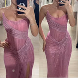 Evafashion Pink Strapless Sheath Glitter Sequins Long Prom Dresses Formal Evening Gowns with Slits HZ1024