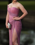 Evafashion Pink Strapless Sheath Glitter Sequins Long Prom Dresses Formal Evening Gowns with Slits HZ1024