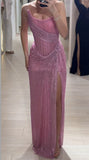 Evafashion Pink Strapless Sheath Glitter Sequins Long Prom Dresses Formal Evening Gowns with Slits HZ1024