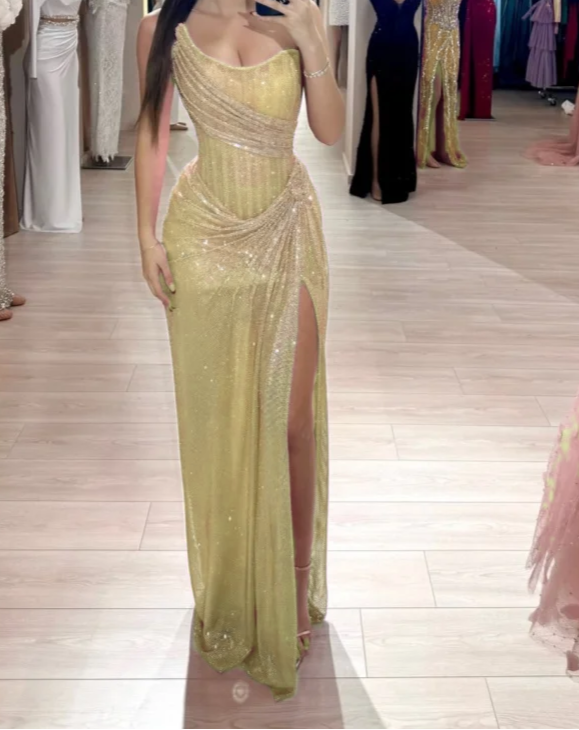 Evafashion Pink Strapless Sheath Glitter Sequins Long Prom Dresses Formal Evening Gowns with Slits HZ1024