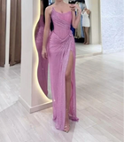 Evafashion Pink Strapless Sheath Glitter Sequins Long Prom Dresses Formal Evening Gowns with Slits HZ1024