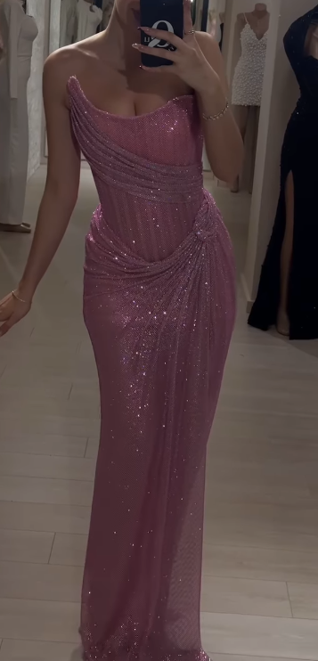 Evafashion Pink Strapless Sheath Glitter Sequins Long Prom Dresses Formal Evening Gowns with Slits HZ1024