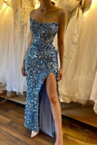 Evafashion Blue Strapless Mermaid Sequins Long Prom Dresses Formal Evening Gowns with Slits HZ1024