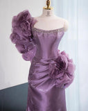 Evafashion Purple Strapless Mermaid Satin Long Prom Dresses Formal Evening Gowns HZ1024