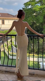 Evafashion Apricot Halter Neck Mermaid Chiffon Long Prom Dresses Formal Evening Gowns with Open Back HZ1024