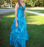 Evafashion Blue Strapless A-Line Tulle Beaded Long Prom Dresses Birthday Evening Gowns HZ1024