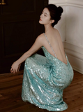 Evafashion Mint Green One Shoulder Memaid Sequins Long Prom Dresses Formal Evening Gowns with Open Back HZ1024