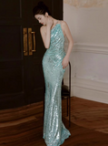 Evafashion Mint Green One Shoulder Memaid Sequins Long Prom Dresses Formal Evening Gowns with Open Back HZ1024