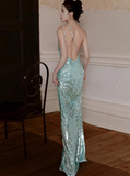 Evafashion Mint Green One Shoulder Memaid Sequins Long Prom Dresses Formal Evening Gowns with Open Back HZ1024