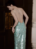 Evafashion Mint Green One Shoulder Memaid Sequins Long Prom Dresses Formal Evening Gowns with Open Back HZ1024