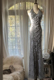 Evafashion Grey V-Neck Mermaid Lace Beading Long Prom Dresses Vintage Evening Gowns HZ1024