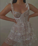 Evafashion White Sweetheart A-Line Glitter Tulle Lace Short Prom Dresses Cute Homecoming Dresses HZ1024