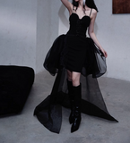 Evafashion Black Spaghetti Straps A-Line Tulle Hi-Lo Prom Dresses Birthday Party Dresses HZ1024