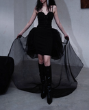 Evafashion Black Spaghetti Straps A-Line Tulle Hi-Lo Prom Dresses Birthday Party Dresses HZ1024