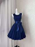 Evafashion Navy Blue Round Neck A-Line Satin Short Birthday Party Dresses Homecoming Dresses with Bow HZ1024
