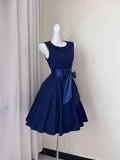 Evafashion Navy Blue Round Neck A-Line Satin Short Birthday Party Dresses Homecoming Dresses with Bow HZ1024