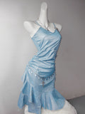 Evafashion Ice Blue Spaghetti Straps Bodycon Ruffles Short Party Dress HZ1024