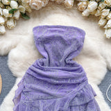 Evafashion Purple Strapless Bodycon Chiffon Ruffle Short Cocktail Party Dress HZ1024