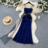 Evafashion Navy Blue Spaghetti Straps Sheath Long Party Dress for Birthday&Events HZ1024