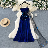 Evafashion Navy Blue Spaghetti Straps Sheath Long Party Dress for Birthday&Events HZ1024