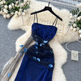 Evafashion Navy Blue Spaghetti Straps Sheath Long Party Dress for Birthday&Events HZ1024