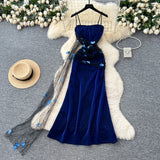 Evafashion Navy Blue Spaghetti Straps Sheath Long Party Dress for Birthday&Events HZ1024
