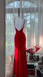 Evafashion Red Sweetheart Neck Sheath Chiffon Backless Long Party Dresses Elegant Simple Evening Gowns with Diamonds HZ1024