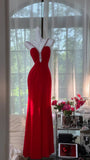 Evafashion Red Sweetheart Neck Sheath Chiffon Backless Long Party Dresses Elegant Simple Evening Gowns with Diamonds HZ1024