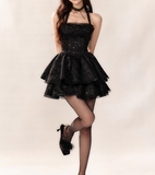 Evafashion Black Halter Neck A-Line Lace Tulle Short Prom Dresses Back to School Dress with Sequins HZ1024