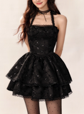 Evafashion Black Halter Neck A-Line Lace Tulle Short Prom Dresses Back to School Dress with Sequins HZ1024
