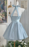 Evafashion Blue Halter Neck A-Line Satin Short Prom Dresses Homecoming Dress with Open Back HZ1024