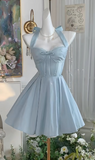 Evafashion Blue Halter Neck A-Line Satin Short Prom Dresses Homecoming Dress with Open Back HZ1024