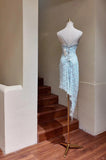 Evafashion Light Blue Spaghetti Straps Sheath Lace Short Party Dresses HZ1024